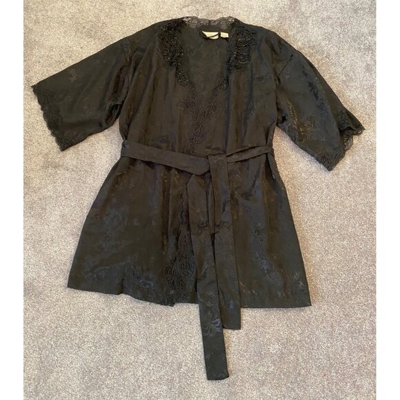 Victoria's Secret Other - Victoria's Secret Black Satin Robe Belt Lace Sequin Accent Wrist & Neck One Size